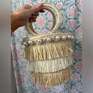Cream Mini Fringe Bag with Bamboo Handles